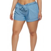 Plus Size Tie Belt Chambray Shorts - pantaloncini - $15.99  ~ 13.73€