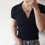 Polo lapel knitted short-sleeved T-shirt pullover cropped top - Koszule - krótkie - $27.99  ~ 24.04€