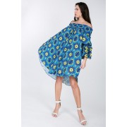 Puffy Ruffle Sleeve Smocking Off Shoulder Print Midi Dress - Dresses - $36.30 
