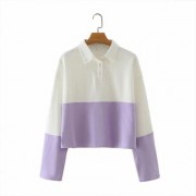 Purple and white contrast small lapel loose loose casual all-match short long-sl - Shirts - $27.99 