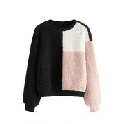 ROMWE Women's Casual Colorblock Long Sleeve Teddy Drop Shoulder Round Neck Pullover Sweatshirt - Camisa - curtas - $16.99  ~ 14.59€
