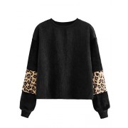 ROMWE Women's Casual Corduroy Long Sleeve Leopard Print Crewneck Casual Sweatshirt Pullover Tops - Long sleeves shirts - $16.99 