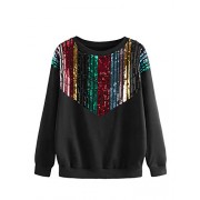 ROMWE Women's Casual Long Sleeve Colorblock Sequin Front Drop Shoulder Pullover Sweatshirt - Shirts - $19.99 