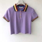 Rainbow striped lapel 100% cotton popo collar short short sleeve t-shirt - Shirts - $25.99 