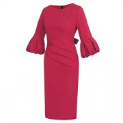 RedLife Women Solid Three-Quarter Puff Sleeve Sash Tie Pleated Bodycon Pencil Office Cocktail Evening Midi Dress Plus Size (X-Large, Red) - Kleider - $9.99  ~ 8.58€
