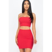 Red Ribbed Tube Top And Mini Skirt Sets - Dresses - $12.65 