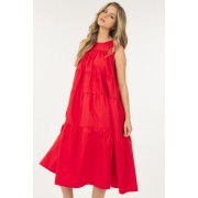 Red Sleeveless Basic Stretch Poplin Dress With Layers - Dresses - $92.95 