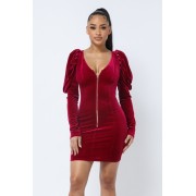 Red Soft Velvet Pleated Puff Sleeve Low V Neck Front And Back Mini Dress - Vestidos - $63.25  ~ 54.32€