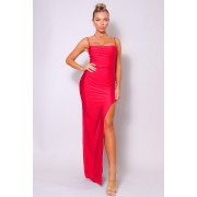 Red Spaghetti Strap Pleated Bust Front Slit Maxi Dress - Dresses - $63.25 