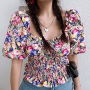 Retro Butterfly Girl Square Collar Puff Sleeve Waist Short Sleeve Shirt Top - Koszule - krótkie - $26.99  ~ 23.18€