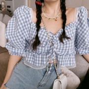 Retro Fairy Lace Square Collar Plaid Sleeve Short Shirt - Camisola - curta - $28.99  ~ 24.90€