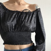 Retro Girly Black Jacquard Short Elastic Waistband Lace Up Shoulder Long Sleeve - Košulje - kratke - $25.99  ~ 165,10kn