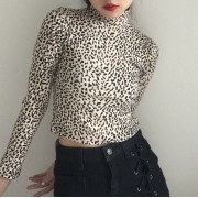 Retro High Waist Short Skinny Turtleneck Leopard Print Long Sleeve T-Shirt Top - T-shirts - $25.99 