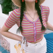 Retro Hyuna Stripe Leak Belly Button Elastic Cotton Short Sleeve T-shirt - Košulje - kratke - $28.99  ~ 184,16kn