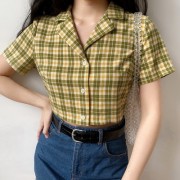 Retro Plaid Short Shirt Temperament Lapel Short Sleeve High Waist Casual Top - Рубашки - короткие - $25.99  ~ 22.32€