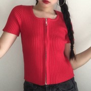 Retro Sexy Square Collar Double Zip Short Sleeve Knit T-Shirt - Košulje - kratke - $26.99  ~ 171,46kn