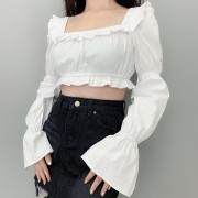 Retro Tops Square Collar Trumpet Sleeve - Long sleeves t-shirts - $27.99 