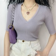 Retro V-neck sweater five-point sleeve ice silk bottoming shirt solid color top - Camicie (corte) - $27.99  ~ 24.04€