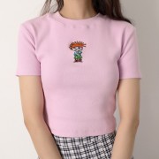 Retro cartoon embroidery cute high waist slim short sleeve T-shirt - Shirts - $25.99 