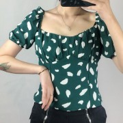 Retro dot-print square-neck puff sleeve top - Košulje - kratke - $25.99  ~ 165,10kn