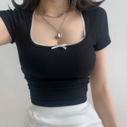 Retro generous collar bubble sleeve top 2020 summer bow tie lace short sleeve T- - Shirts - $21.99 