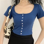 Retro girl short-sleeved T-shirt female small round neck single-breasted short n - Koszule - krótkie - $25.99  ~ 22.32€
