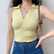 Retro lapel V-neck pleated wild simple goose yellow knitted sleeveless vest - Camicie (corte) - $27.99  ~ 24.04€