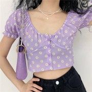 Retro little daisy shirt female palace style bubble sleeve V-neck short printed - Camisas - $25.99  ~ 22.32€