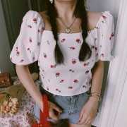 Retro little rose square collar puff sleeve short short exposed navel shirt top - Camicie (corte) - $27.99  ~ 24.04€