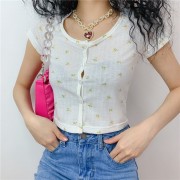 Retro short-sleeved T-shirt summer floral round neck single-breasted short high- - Camicie (corte) - $27.99  ~ 24.04€
