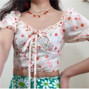 Retro small floral square-collar fungus lace lace up short-sleeved shirt - Koszule - krótkie - $27.99  ~ 24.04€