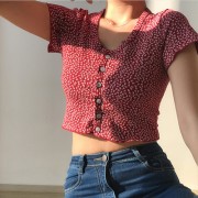 Retro small round neck cute printed single-breasted high waist short short-sleev - Shirts - $27.99 