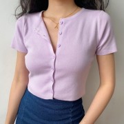 Retro solid color round neck single-breasted navel short-sleeved T-shirt tops wo - Camisas - $25.99  ~ 22.32€