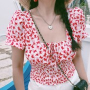 Retro square collar butterfly print puff sleeve short cropped waist short sleeve - Shirts - $26.99 