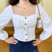 Retro square collar tortoiseshell buckle one-breasted bubble sleeve long sleeve - Рубашки - короткие - $32.99  ~ 28.33€