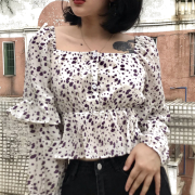 Retro square neck puff sleeve small flor - Košulje - kratke - $27.99  ~ 177,81kn