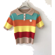 Retro striped flower lapel ghost horse girl summer cool knit top - Koszule - krótkie - $19.99  ~ 17.17€