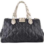 Rhinestones Studs Diamond Quilted Faux Crocodile Trim Double Handle Bowler Bowling Bag Shopper Tote Satchel Handbag Purse Black - Hand bag - $32.50 