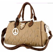 Rhinestones Studs Diamond Quilted Faux Crocodile Trim Double Handle Bowler Bowling Bag Shopper Tote Satchel Handbag Purse Tan - Hand bag - $32.50 