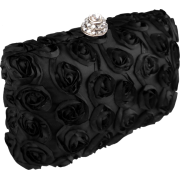 Romantic Rose Rosette Sheer Satin Hard Case Baguette Evening Clutch Purse w/Detachable Chain Black - Hand bag - $39.99 