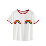 Romwe Women's Cute Rainbow Print Striped Short Sleeve Basic Tee Shirt Top - T-shirts - $15.99 