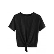 Romwe Women's Cute Sweet Knot Front Solid Ribbed Tee Crop Top Blouse Tshirt - T-shirts - $19.99 