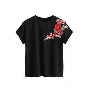 Romwe Women's Floral Embroidery Cuffed Short Sleeve Casual Tees T-Shirt Tops - T-shirts - $12.99 