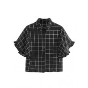 Romwe Women's Grid Shirt Knot Front Roll Sleeve Blouse - T-shirts - $14.99 