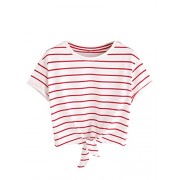 Romwe Women's Knot Front Cuffed Sleeve Striped Crop Top Tee T-Shirt - T-shirts - $19.99 