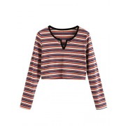 Romwe Women's Long Sleeve Bohemian Colorblock Striped Print Crop Tee Shirt Top - 半袖衫/女式衬衫 - $12.99  ~ ¥87.04