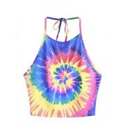 Romwe Women's Sexy Spiral Tie Dye Multicolor Print Backless Tie Halter Top - T-shirts - $13.99 