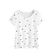 Romwe Women's Short Sleeve Allover Cartoon Cat Logo Graphic Print T-Shirt - T-shirts - $19.99 