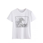Romwe Women's Short Sleeve Top Casual The Great Wave Off Kanagawa Graphic Print Tee Shirt - T-shirts - $18.99 