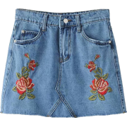 Rose Embroidered Denim Skirt - Skirts - $27.99 